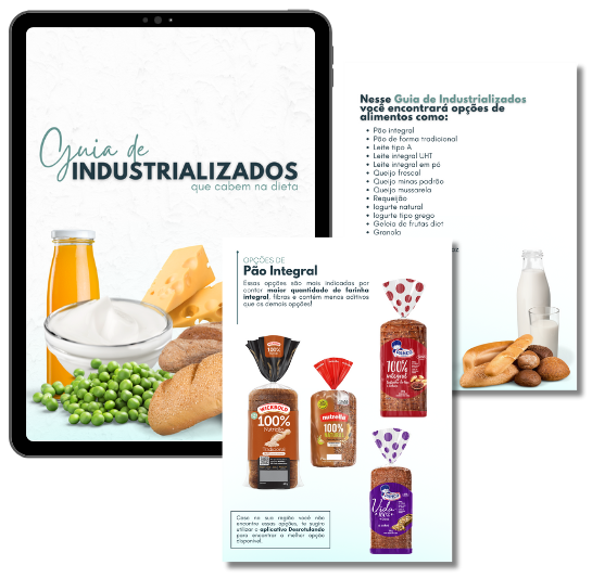 Guia de Industrializados que cabem na dieta, aberto no tablet e em páginas